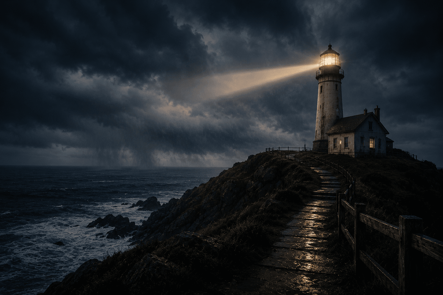 A lighthouse shining across a stormy sea