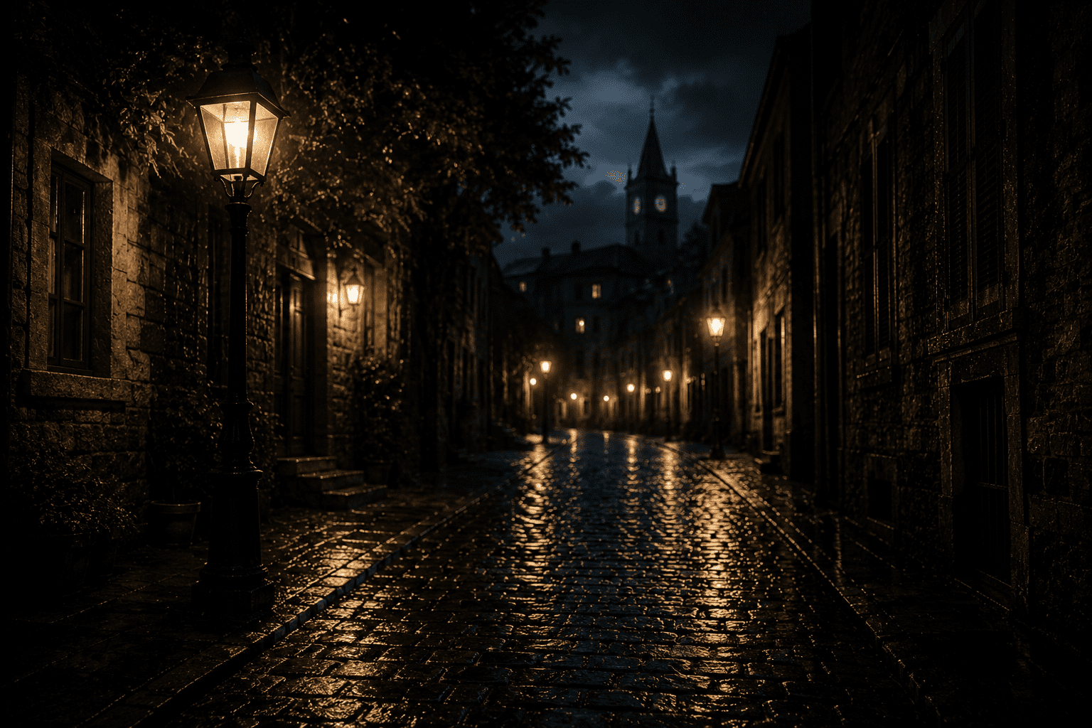 A dark cobblestone street lit by lamps at night