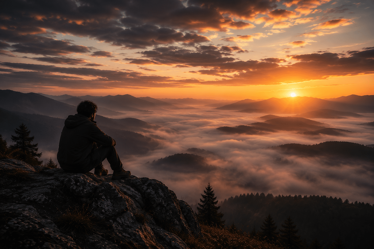 A lone figure looking over misty mountains at sunrise