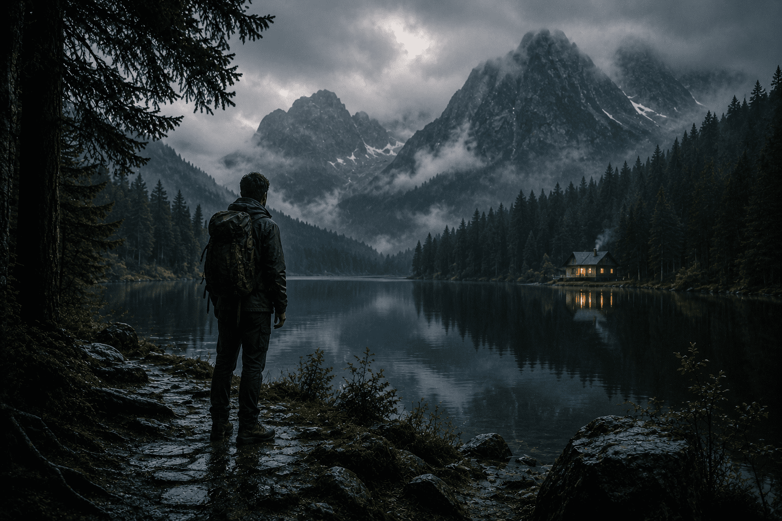 A lone figure by a misty mountain lake and cabin