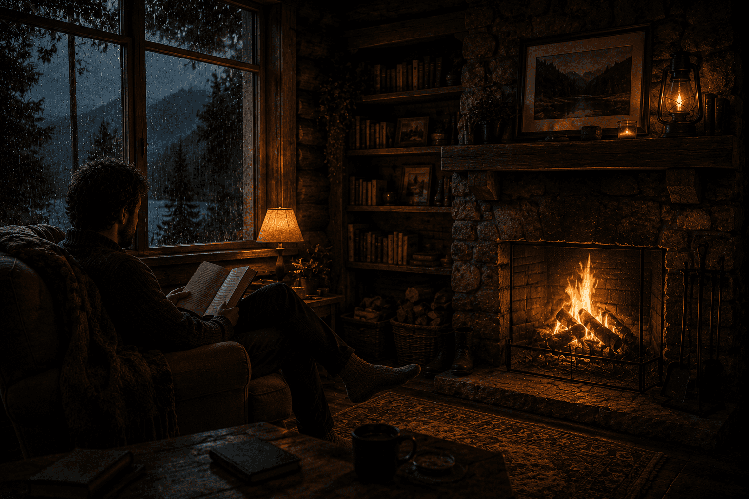 A man reading by a fireplace in a rustic cabin