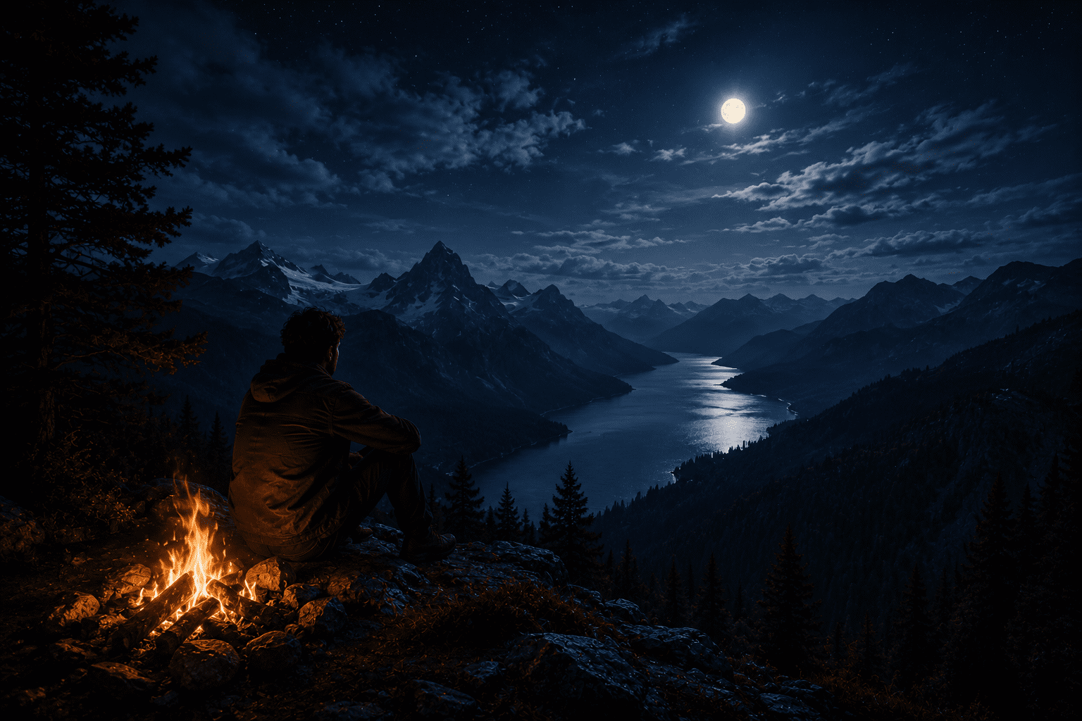 A lone figure by firelight under a moonlit mountain sky