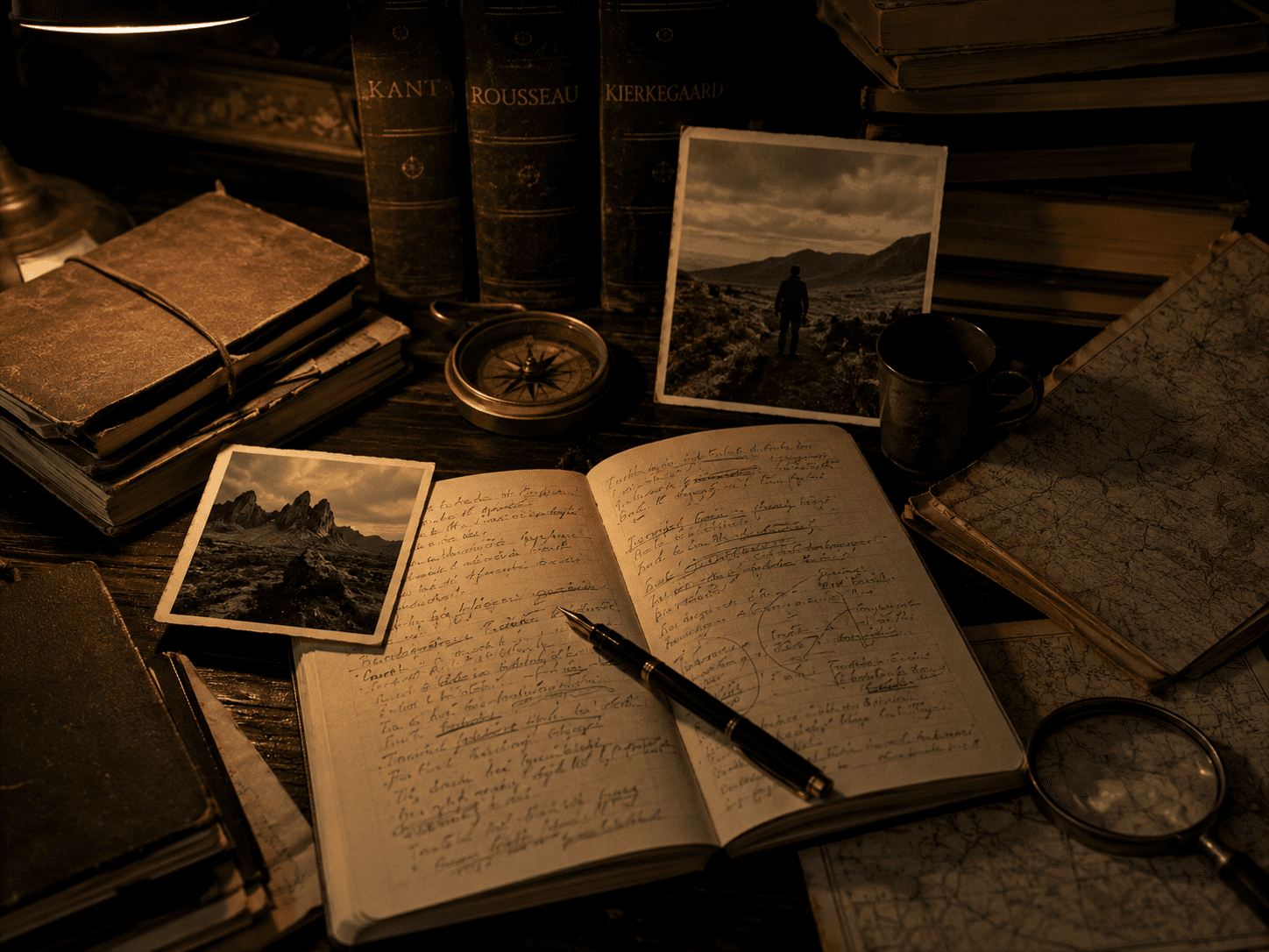 A philosophical research desk with books, notes, compass and wilderness photographs
