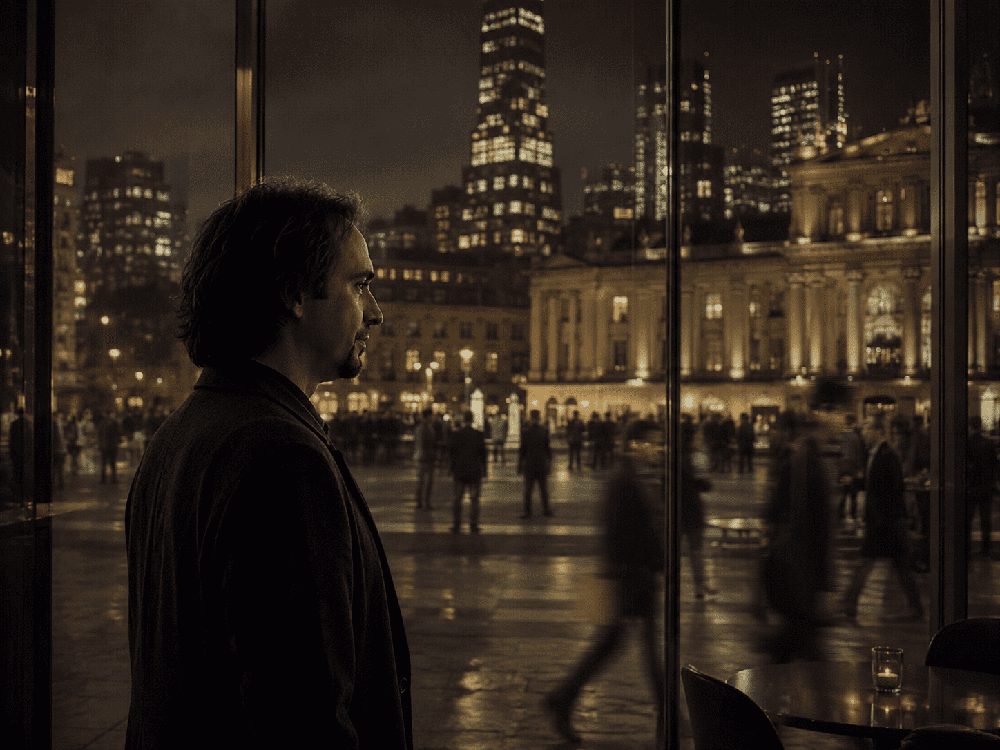 A contemplative man looking out over a city at night