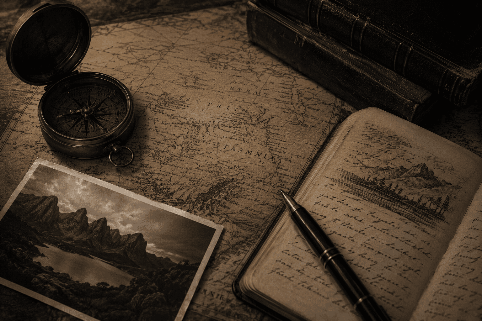 A vintage map, compass, notebook and wilderness photograph