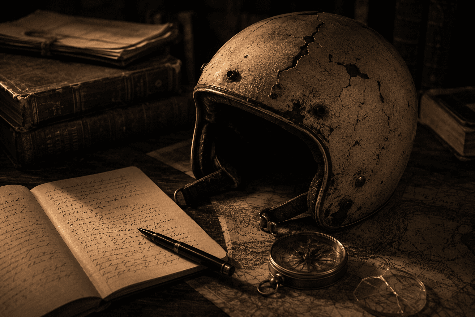 A cracked helmet on an old desk with a compass and handwritten notes