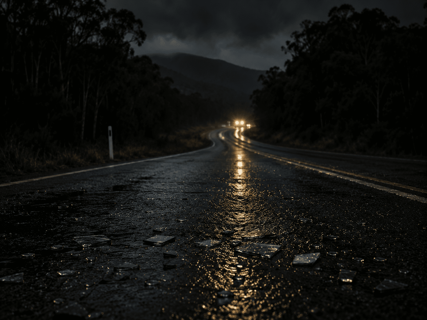 A dark wet road at night with distant headlights and broken glass