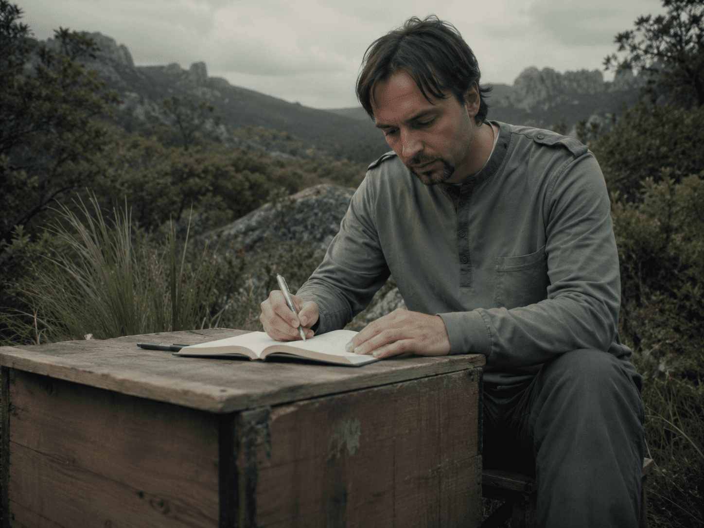 A man writing in a notebook in the wilderness
