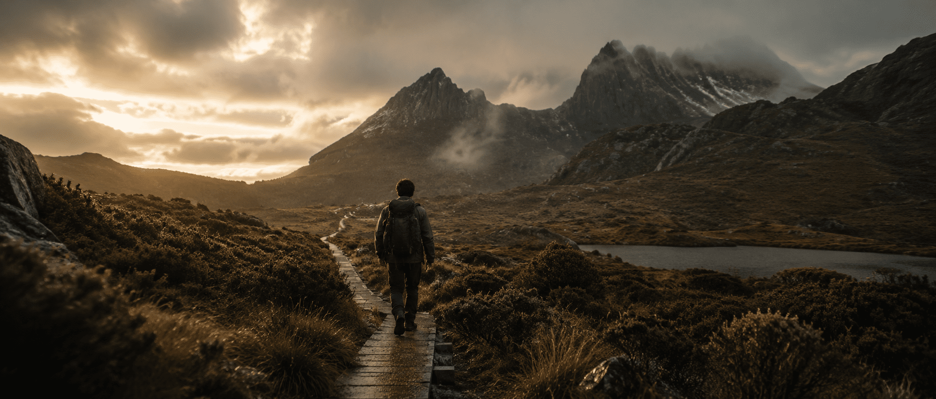 A lone figure entering a dramatic Tasmanian wilderness landscape