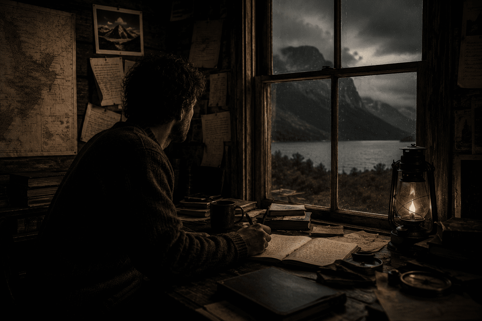 A man writing beside a cabin window with a misty mountain lake outside