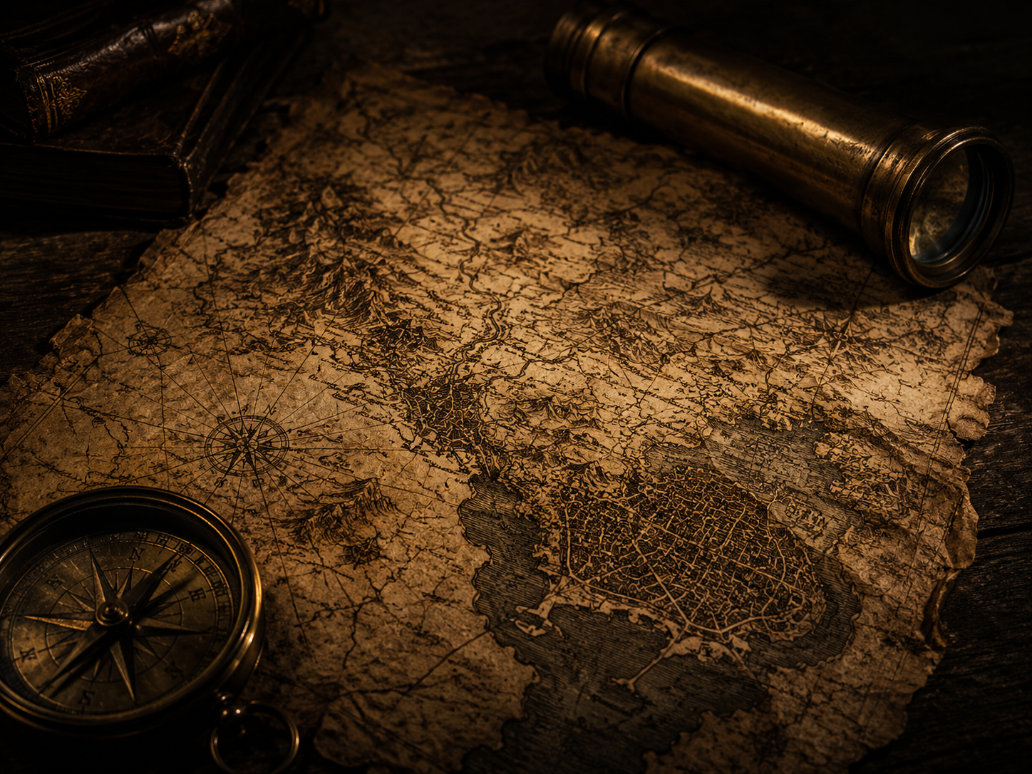 Old map and compass representing inherited ideas of happiness