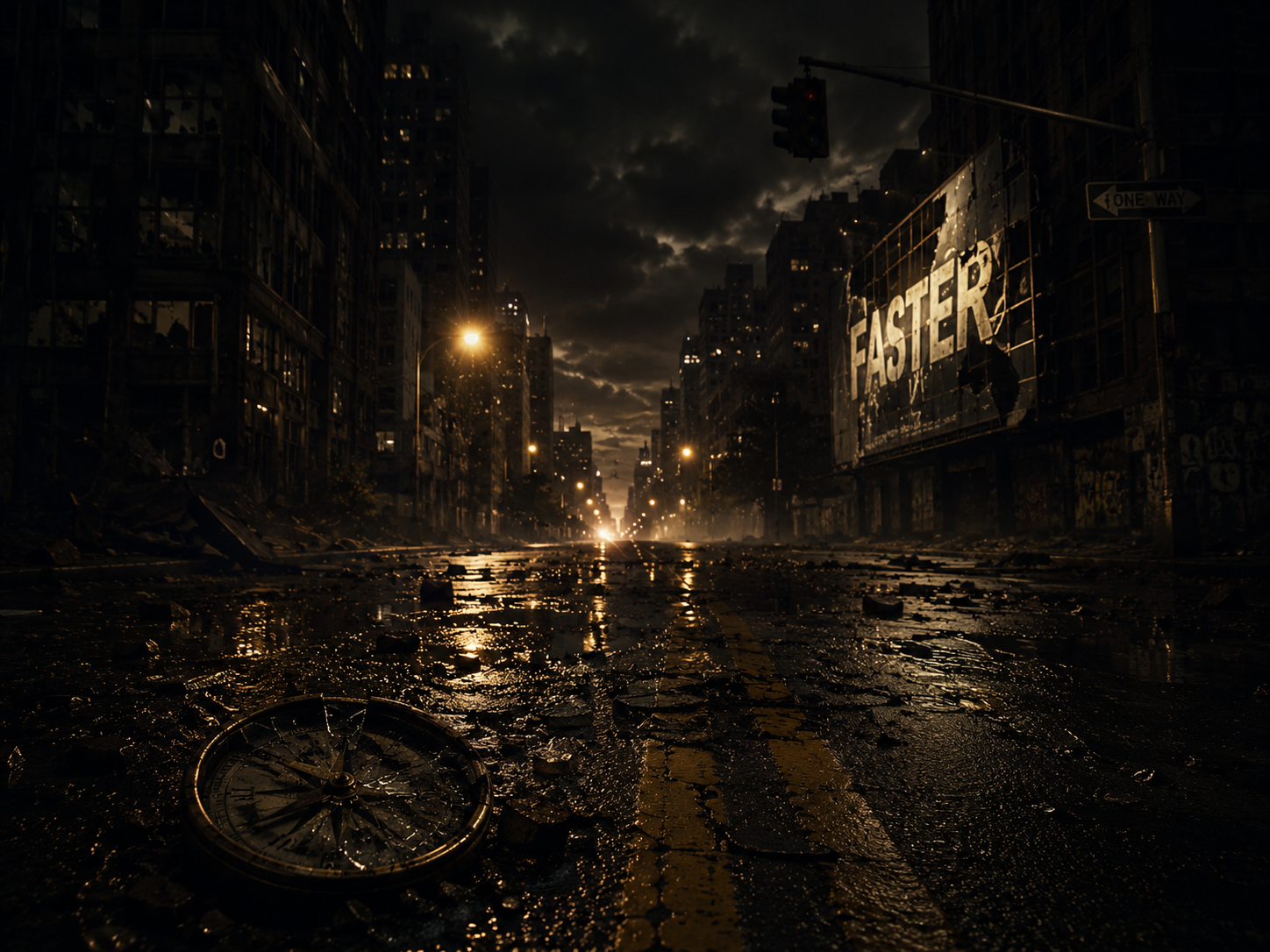 Dark road and broken compass symbolising false direction
