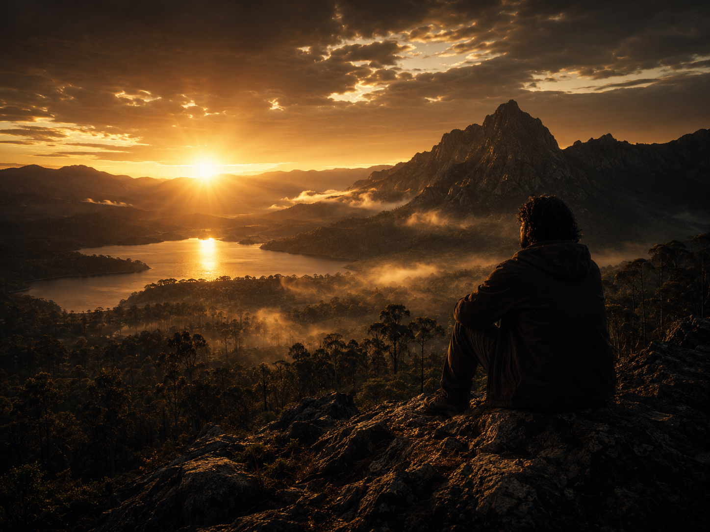A reflective figure at dawn overlooking wilderness