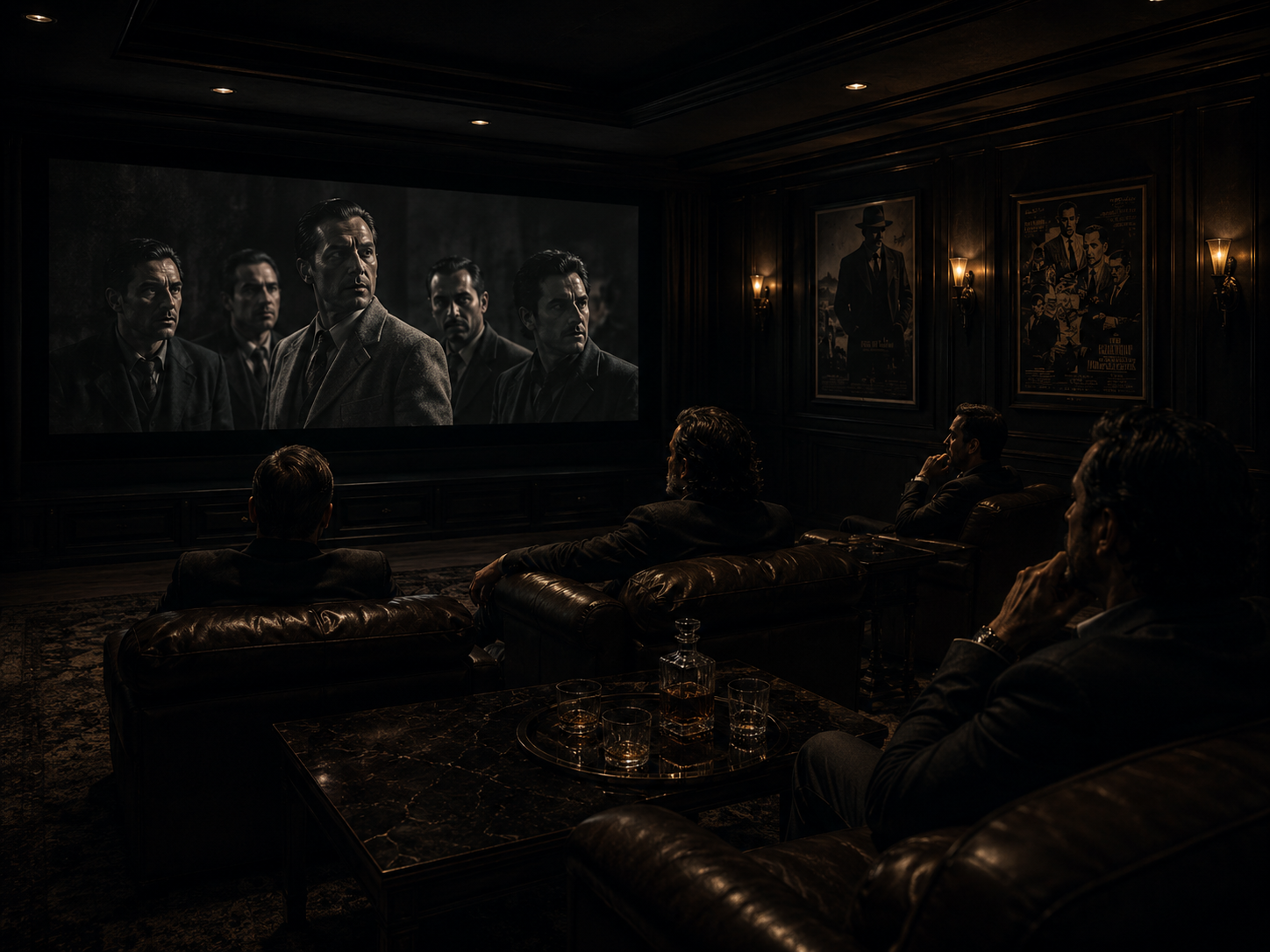 A serious group watching a film in a dark screening room