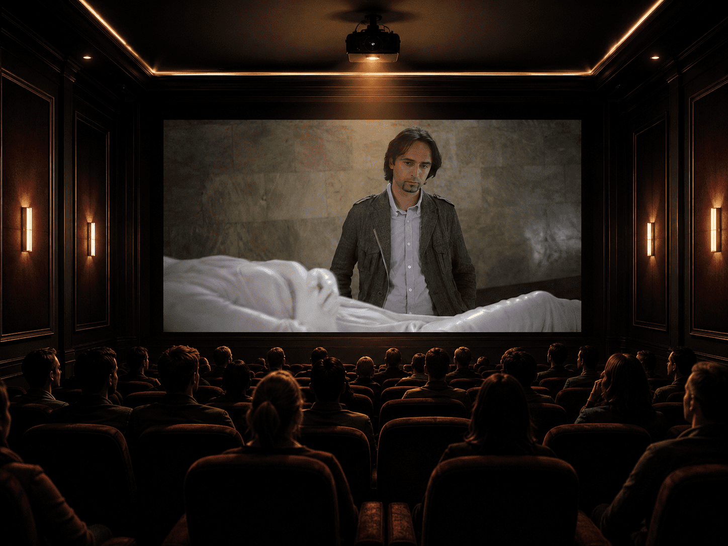 Audience watching DeINCEPTION in a reflective screening room